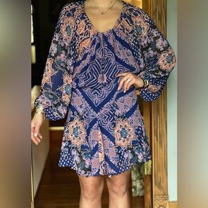 Free People Blue Paisley Print Backless Mini Dress- Size M